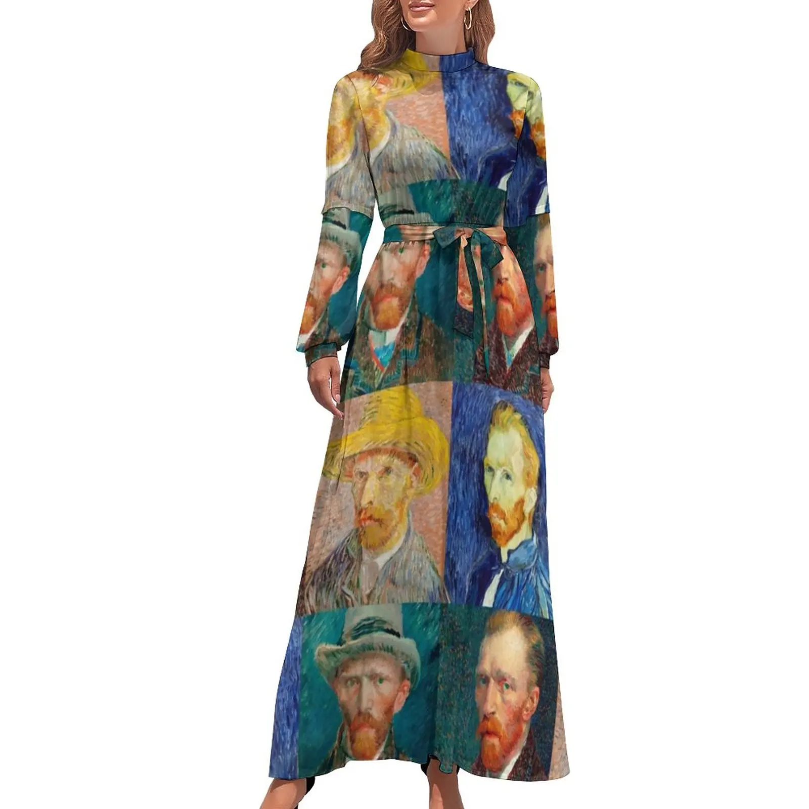 

Van Gogh Dress Self-Portrait Collage Vintage Maxi Dress Street Wear Beach Long Dresses High Waist Print Clothing