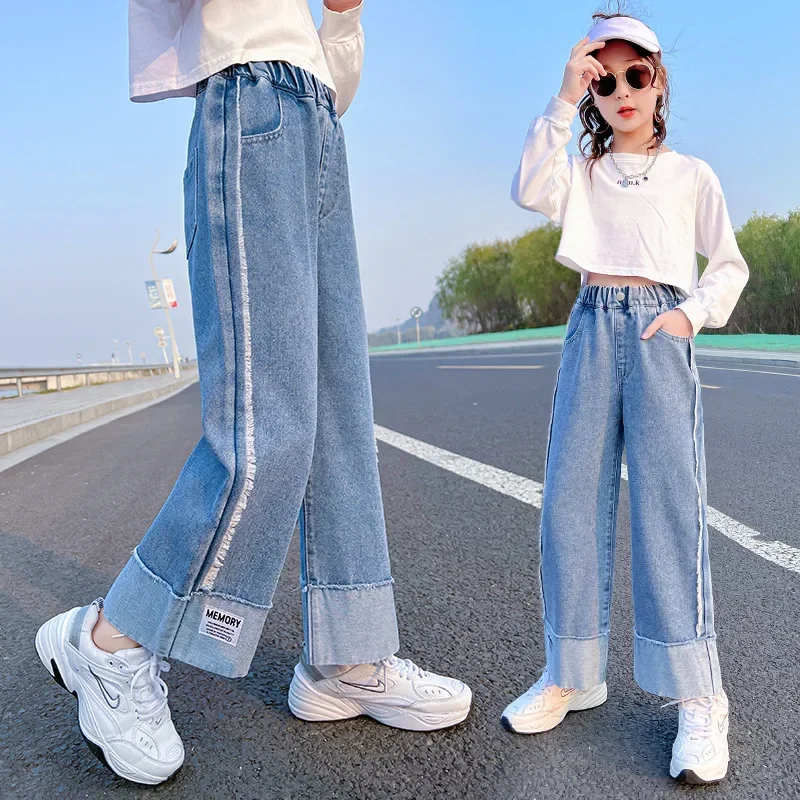 

Girls' Wide Leg Jeans Solid Color Rough Edge Loose Fitting Korean Children's Straight Leg Pants Girls Jeans 4-6y 7-12y