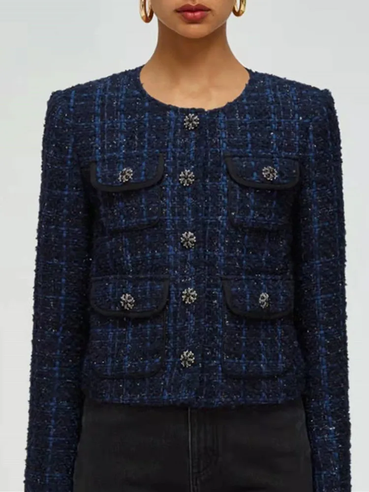 

Женский твидовый кардиган с круглым вырезом, однобортный короткий жакет на пуговицах, с карманами, универсальная верхняя одежда