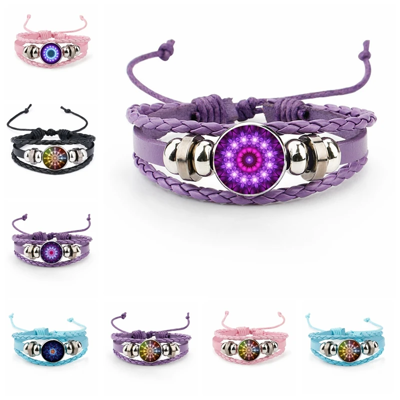 

Sweet and Romantic Kaleidoscope Fashion 18mm Glass Cabochon Snap Leather Bracelet Mandala Pattern Bracelet for Men and Women