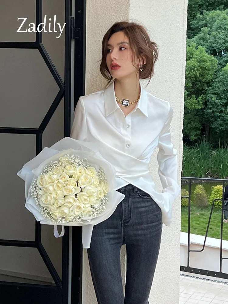 

2023 Autumn Casual Long Sleeve Women Satin White Shirt Korea Style Irregular Button Up Ladies Blouse Female Clothing Tops