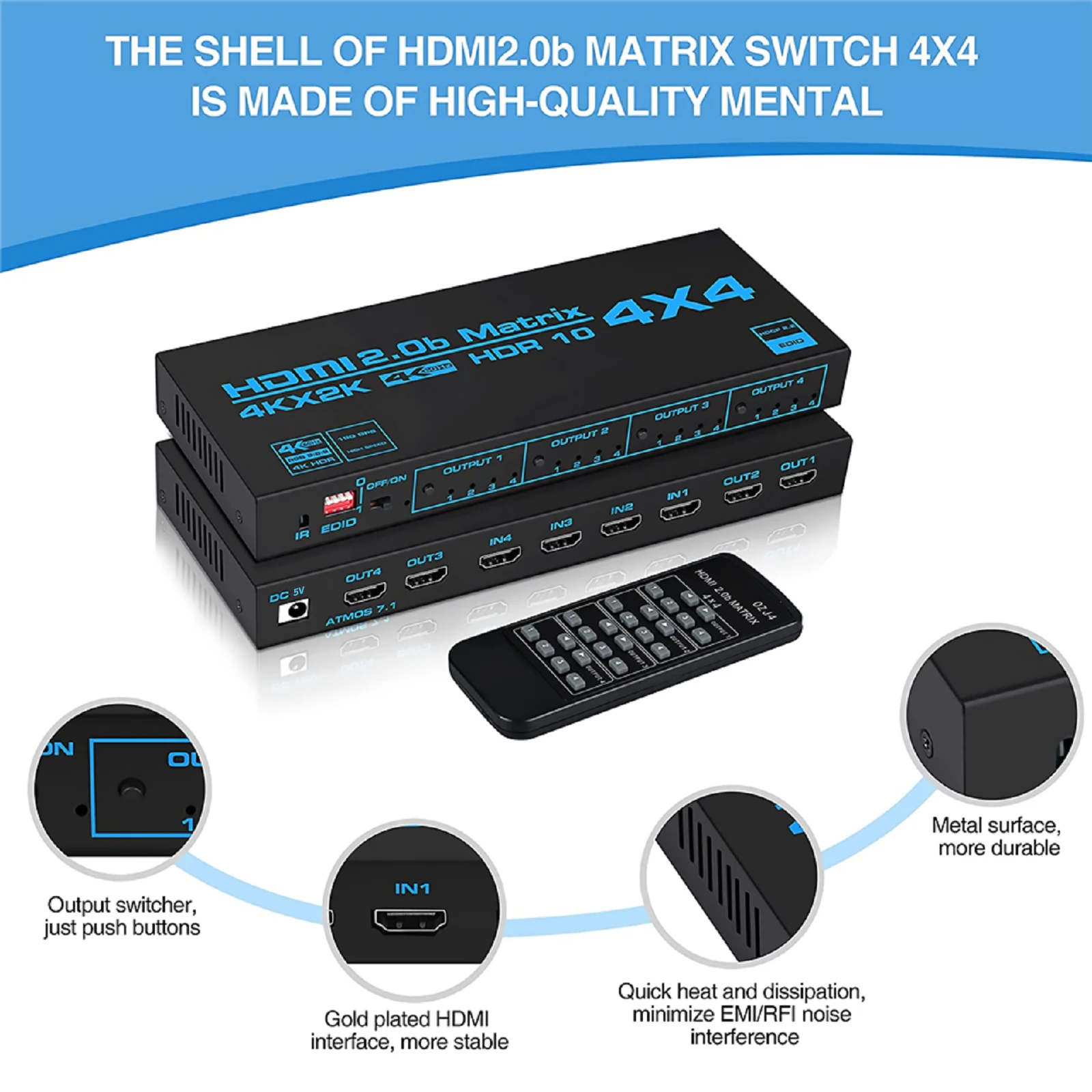 

Матричный коммутатор HDCP 2,0, 4K HDR, 4x4 HDMI-совместимый