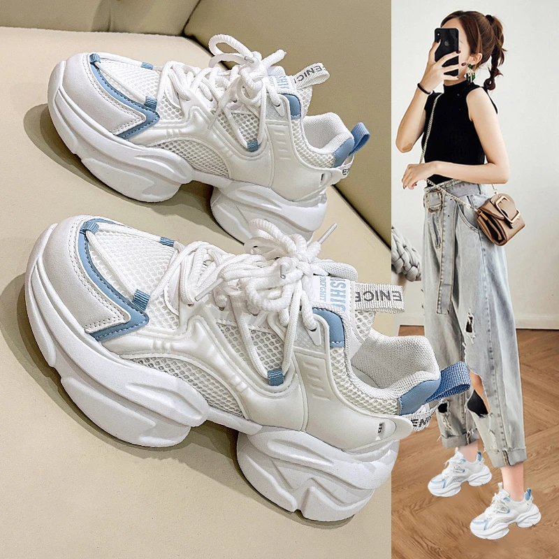 2023 New White Dad Thick Outdoor Sports Shoes Casual Vulcanized Shoes Women's High Platform Sports Shoes Lace up Sports Shoes