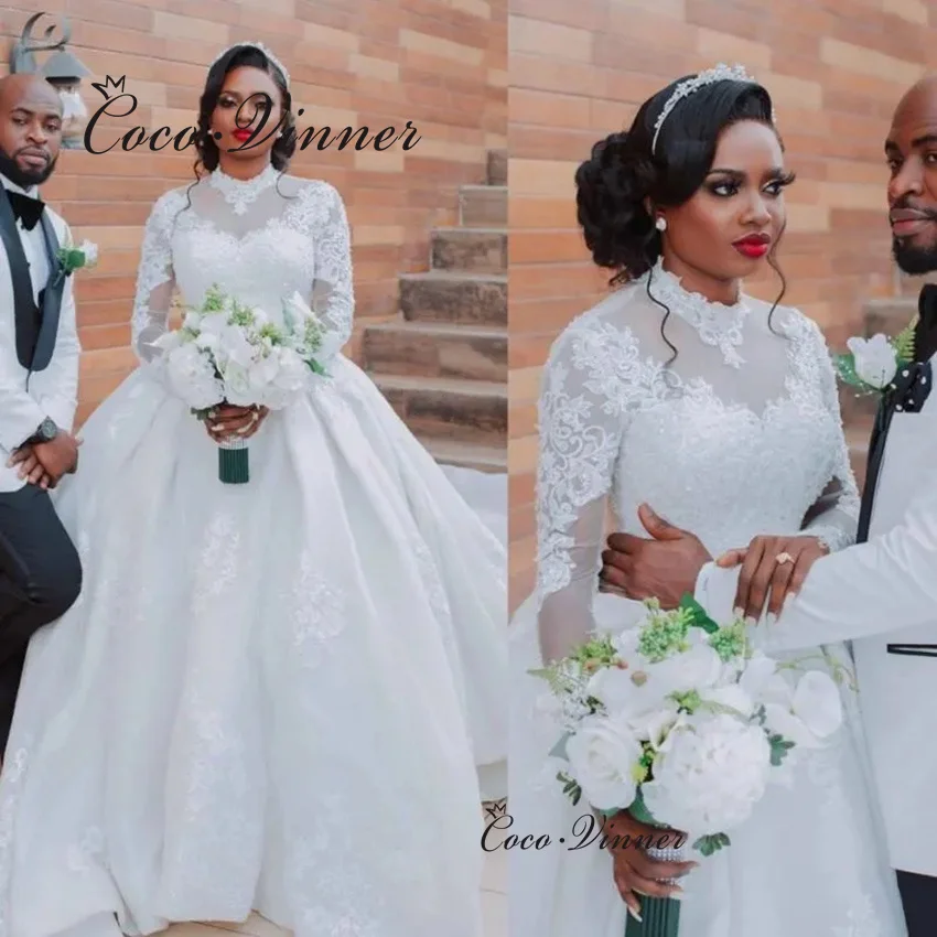 Фото Customized Africa Style Wedding Dresses Ball Gown High Neck Long Sleeves Lace Appliques Beading Wedding Dress For Bride W1352 №1