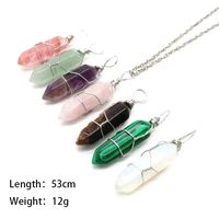 2022 new fashion natural stone turquoise hexagonal prism pendant sweater chain colorful crystal charm clavicl necklace for women