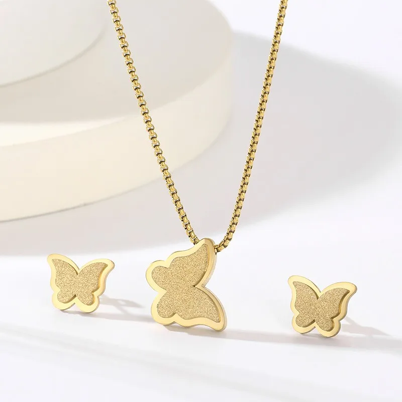 

Trendy Shiny Zircon Frosted Butterfly Pendant Women Necklace Earrings Gold Color Stainless Steel Jewelry Set for Women Gift