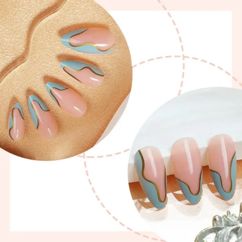 24 шт. средние миндальные накладные ногти глянцевая наклейка на 3D золото хром