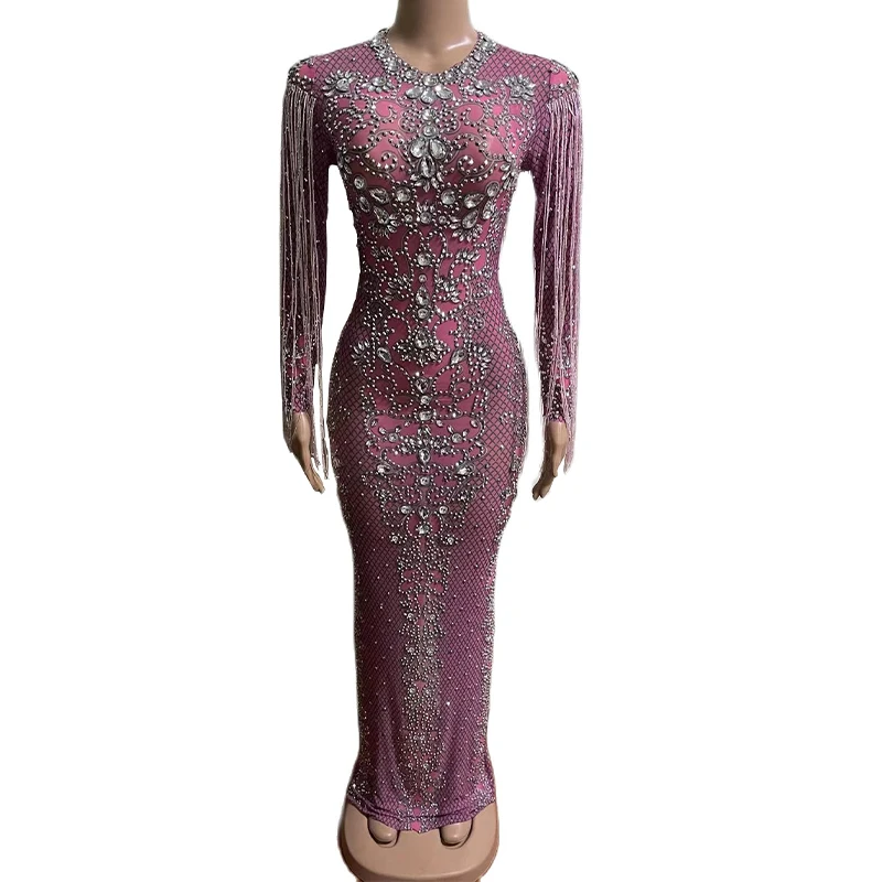 

Rhinestone Women Pink Mesh Perspective Sparkly Crystals Long Dress