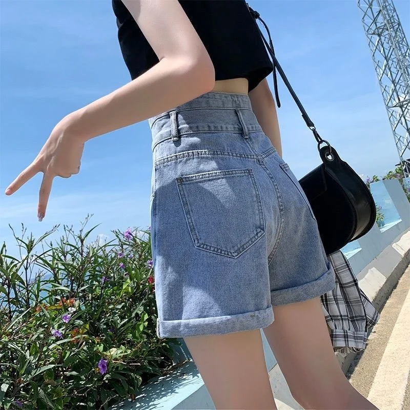 

Female Summer Cool Denim Shorts Women's High Waist Loose Slim A-shaped Fashion Shorts Girl's Breathable Denim Shorts