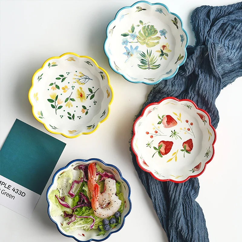 

Wave Lace Ceramic Plate Fruit Salad Dessert Bowl Household Underglaze Color Soup Rice Deep Disc Breakfast Oatmeal Yogurt Bowl