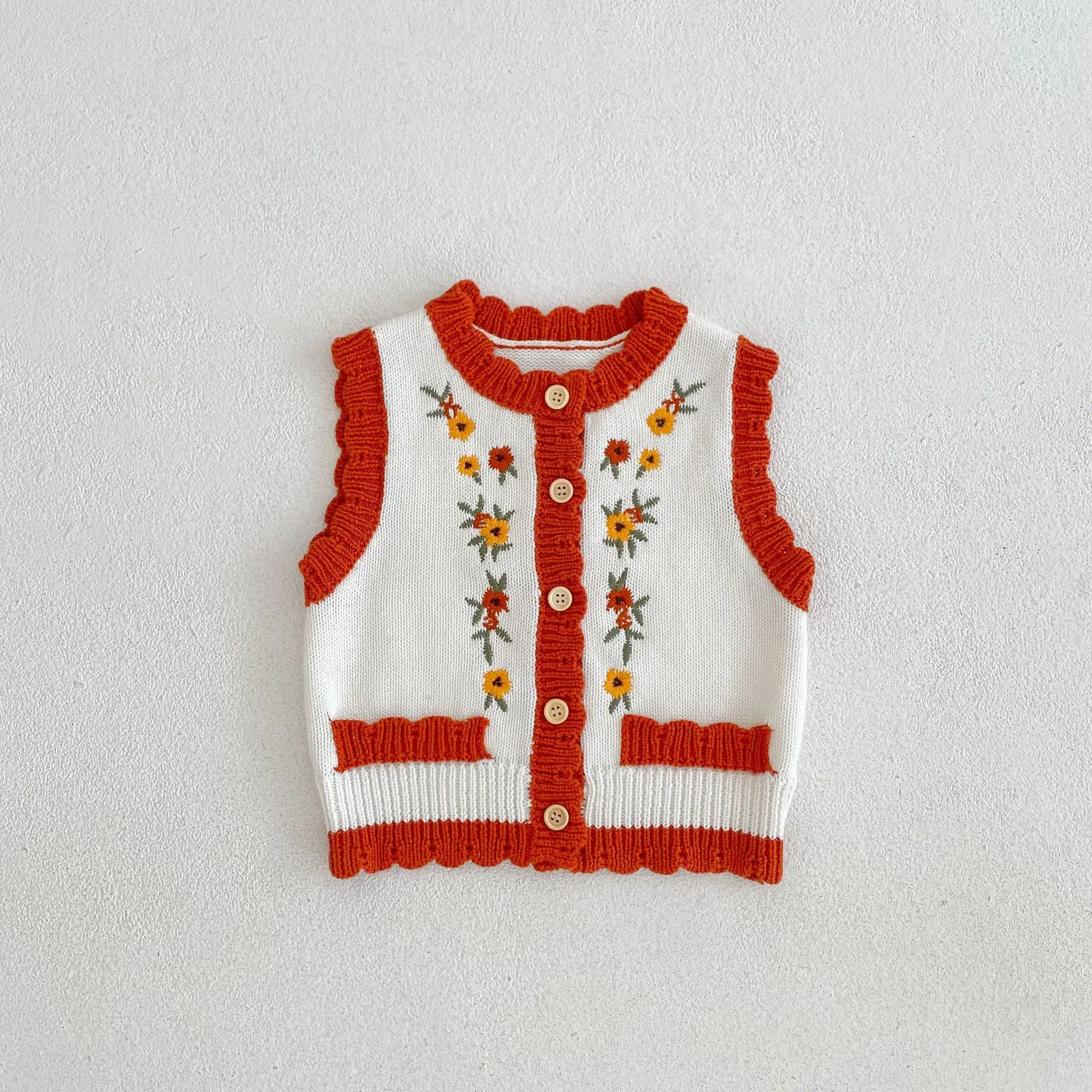 

2022 Autumn Child Toddler Knit Cardigan Flower Sweater Newborn Boy All-match Sleeveless Tops Vest Girl Infant Cotton Waistcoats