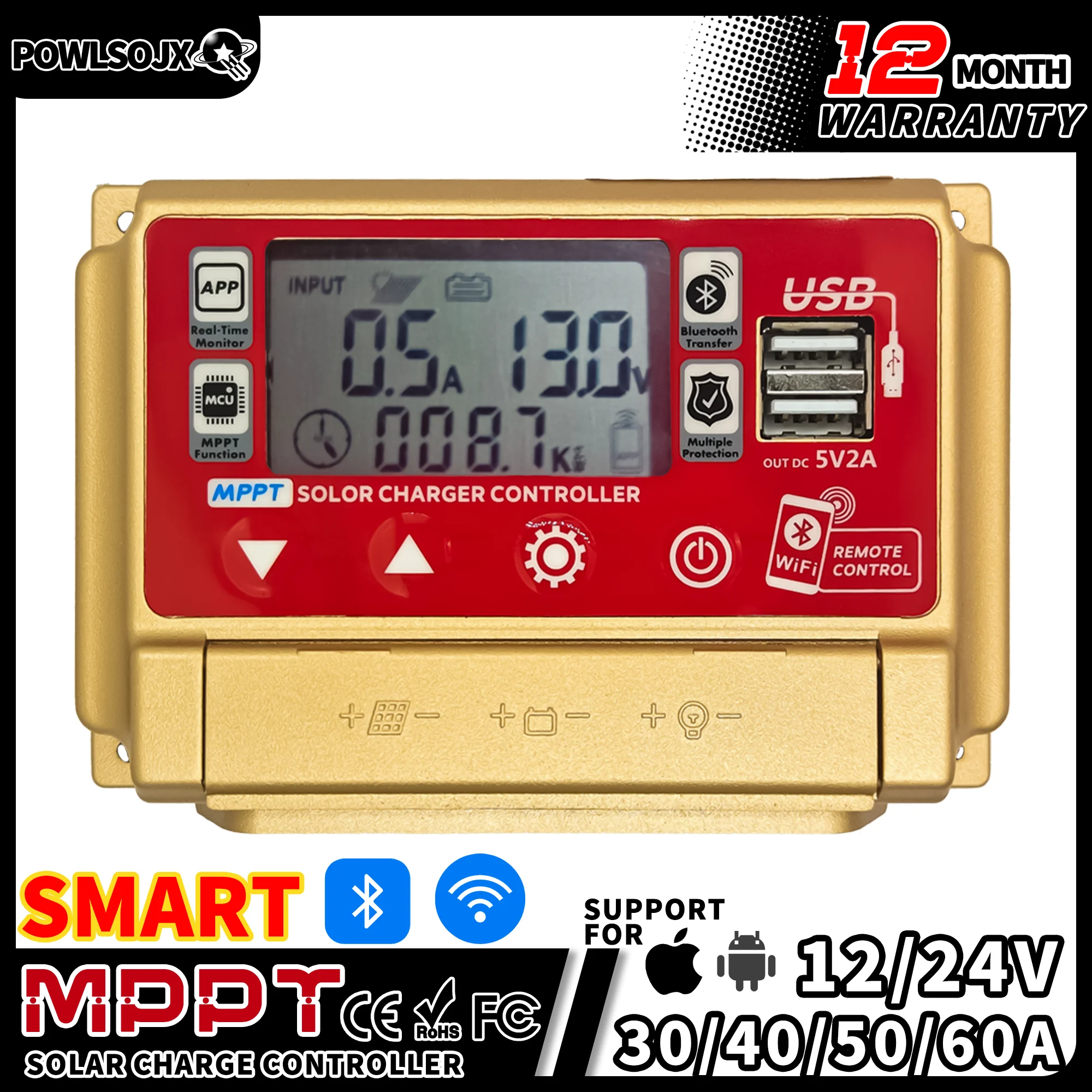 Солнечный контроллер POWLSOJX Bluetooth/WiFi с ЖК-дисплеем двойной USB-выход зарядка MPPT для