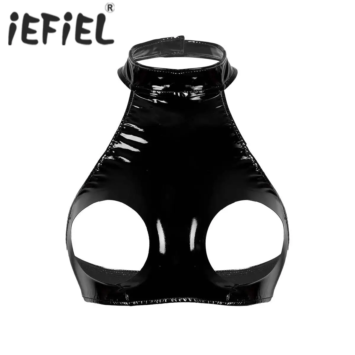 

iefiel exotic tanks latex top Women Sleeveless Wet Look Faux Leather Halter Neck Backless Open Bust Crop Tops exotic accessories