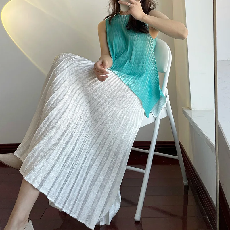 Miyake elegant A-line pleated skirt women's mid-length spring and summer handmade pleated high waist thin skirt