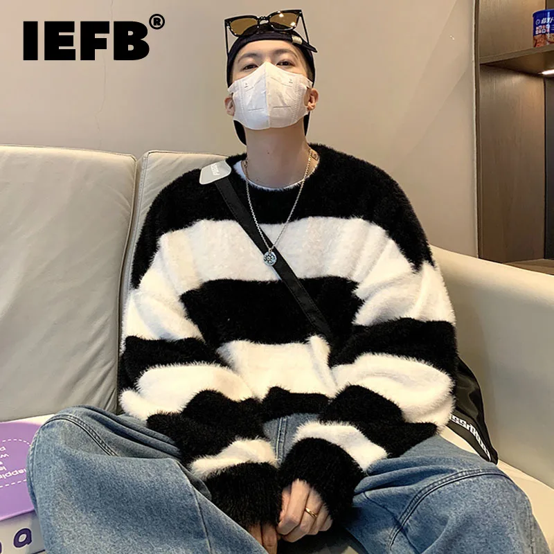

IEFB Winter Mohair Woolen Knitwear Men Sweater Round Neck 2023 Casual Contrast Color Male Tops Autumn Loose Korean 9A6611