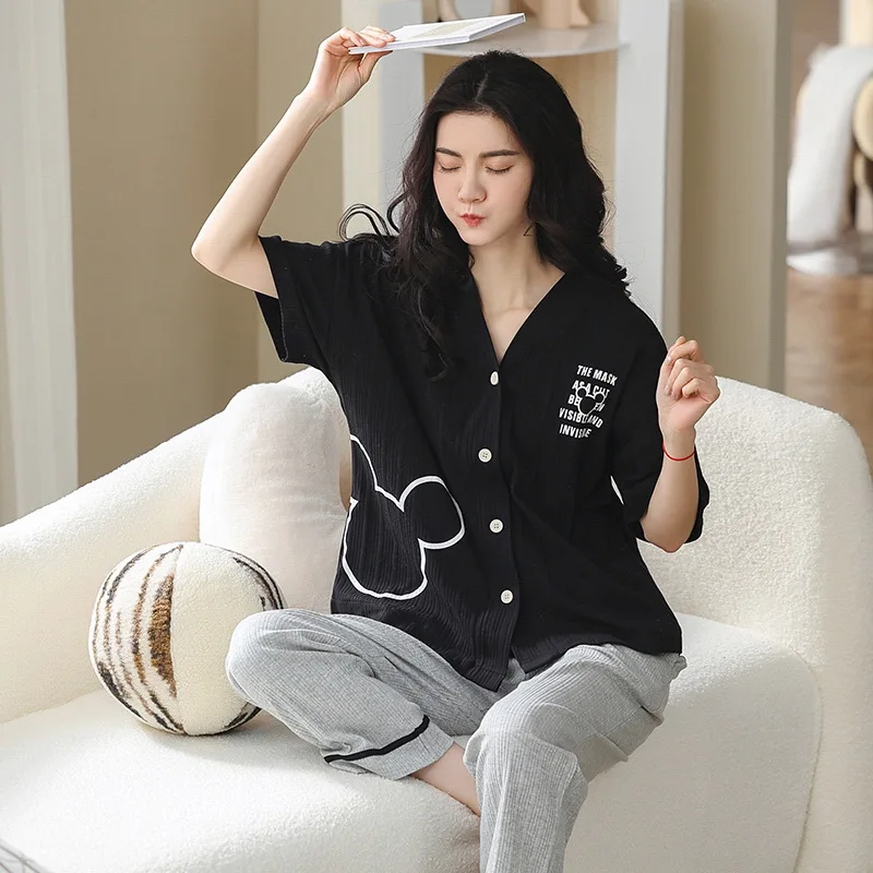 Новинка хлопковый летний кардиган с коротким рукавом длинные штаны Женский