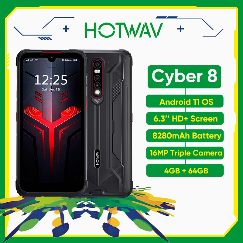HOTWAV CYBER 8 6.3'' NFC Supported Mobile Phone 4GB 64GB Waterproof Cellphone 8280mAh 16MP Camera Android 11 Rugged Smartphone