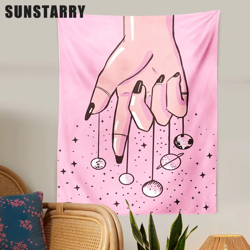 

Pink Planet Tapestry Tarot Hand Wall Hanging Boho Wall Tapestries Bedroom Girl's Room Dorm Decoration Cover Sun Moon Wall Decor