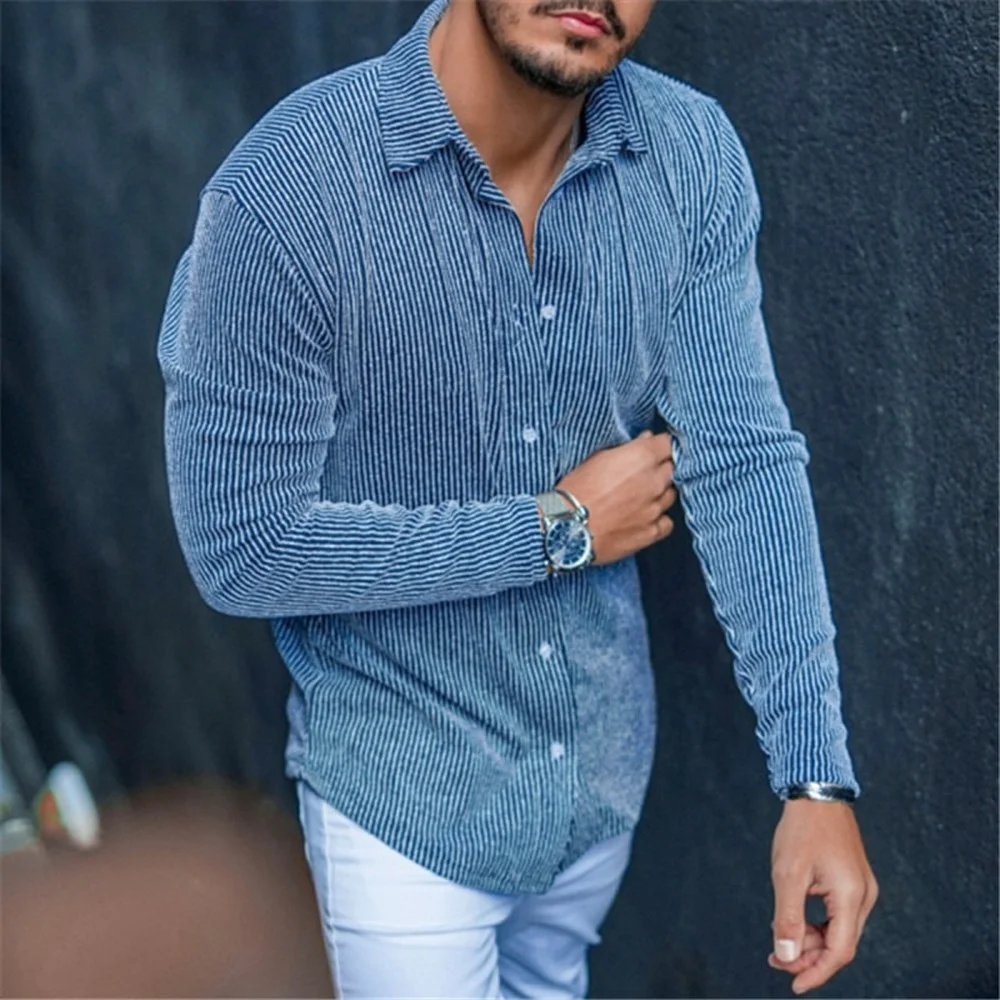 Men's Long Sleeve Shirts Vertical Stripe Slim Lapel Shirts