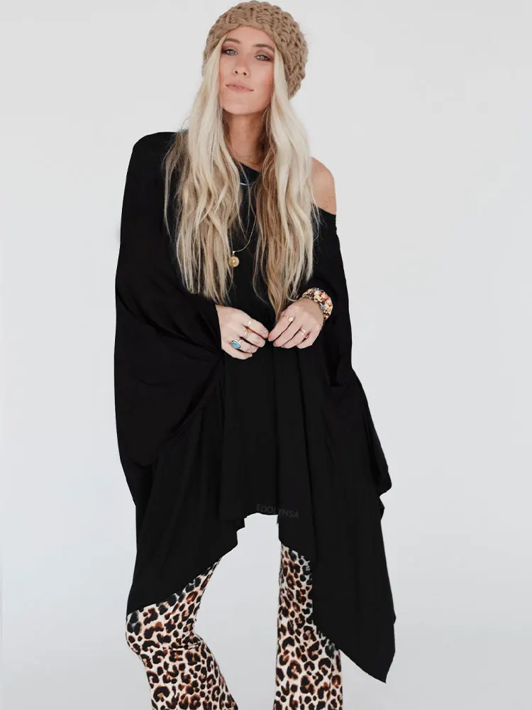 

2022 Autumn Winter New Casual Solid Color Oversized Bat Sleeve Crew Neck Cover-ups Women Beach Wear Swim Suit Cover Up A1784