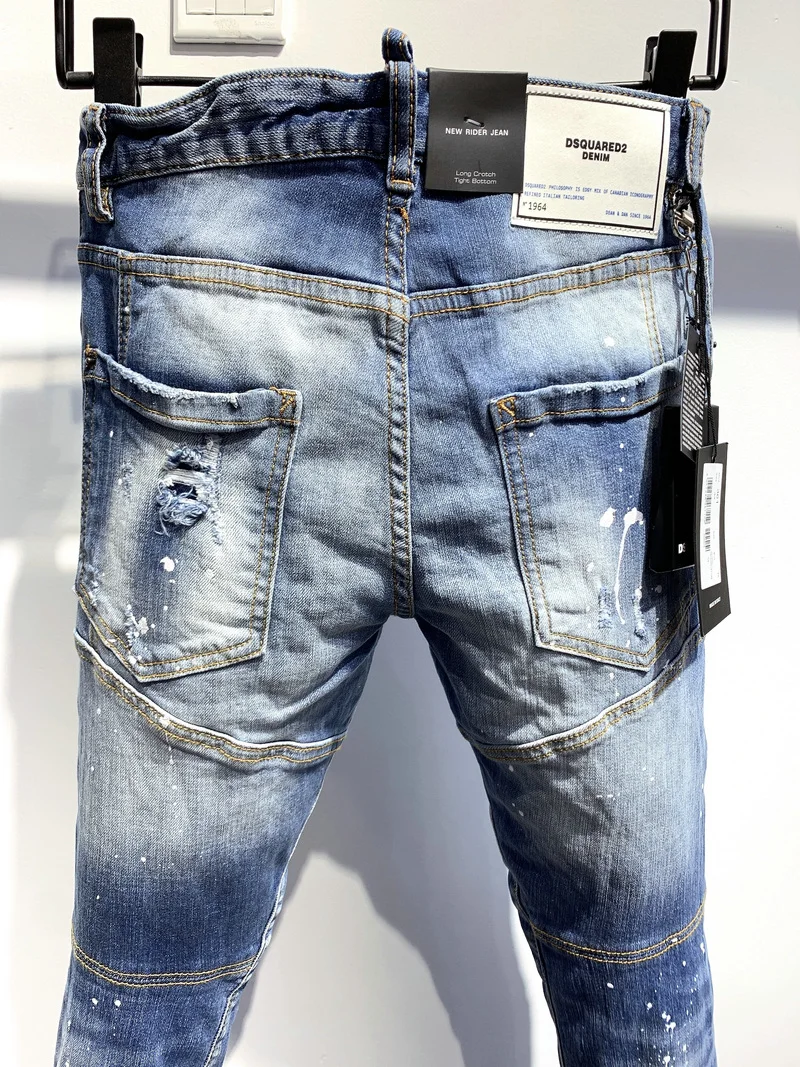 New Men's Dsquared2 Buttons Jeans Ripped For Male Skinny  Pants Men's Denim Trousers Top Quality Slim Jeans A361