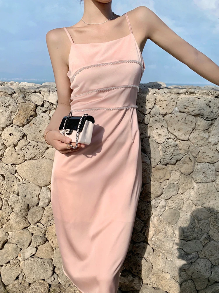 

Elegant Women Evening Dress Satin Sweet Diamonds Camisole Sleeveless Midi Party Vacation Robe Femme Vestidos Sexy Mujer Summer