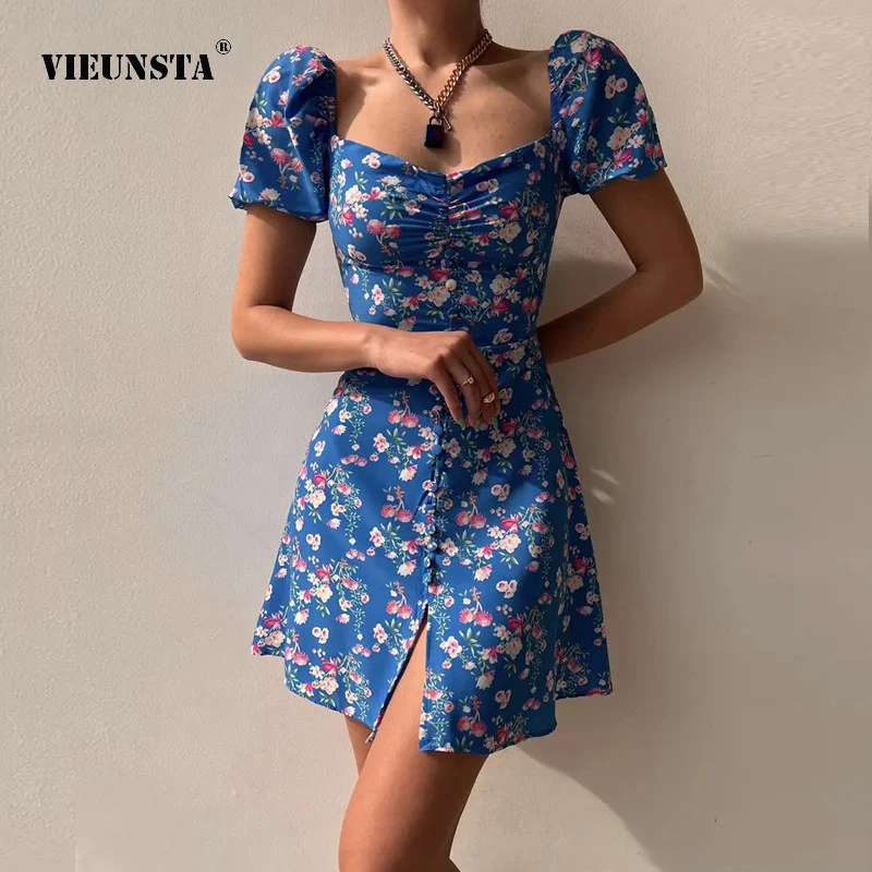 

Temperament and Elegant Women's Clothing 2022 Summer Fashion Floral Print Dress Sexy Square Neck Slim Backless Slit Mini Dresses