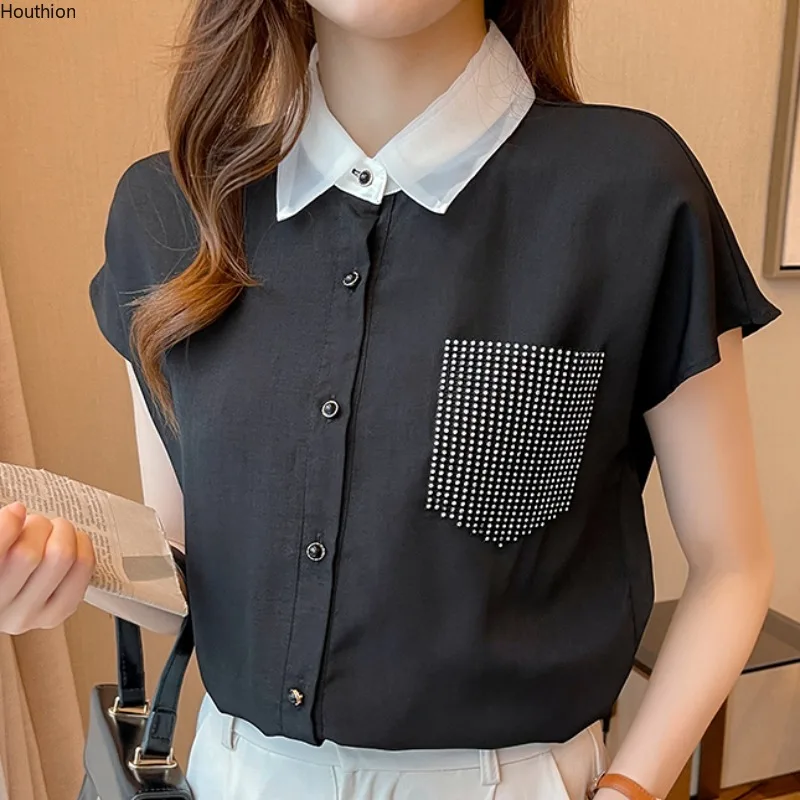 

Женская шифоновая блузка с коротким рукавом и карманами