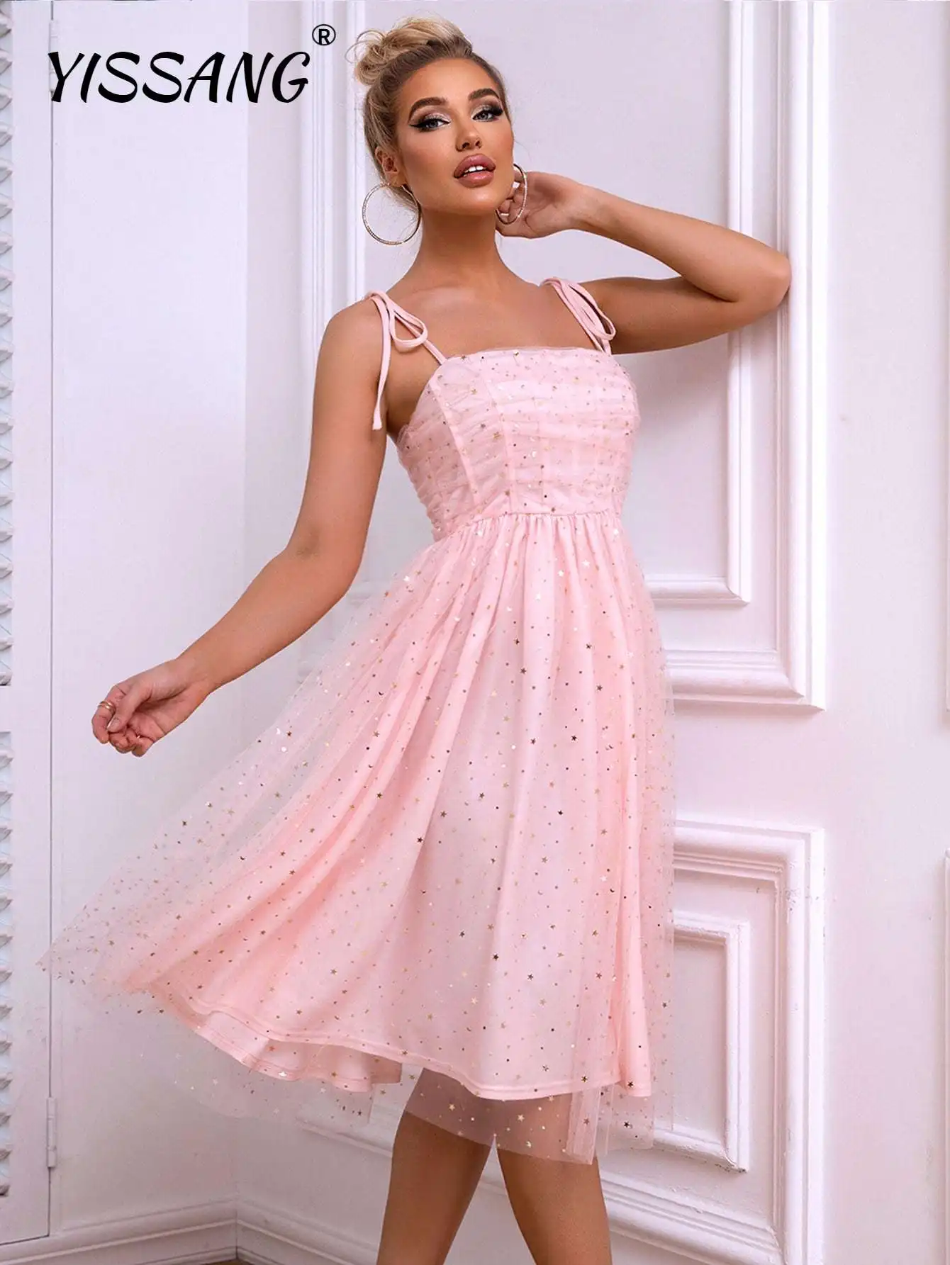 

Yissang Star Mesh Overlay Tie Shoulder Cami Dress Mesh Party Pink Strap Dress Elegant Prom Dress