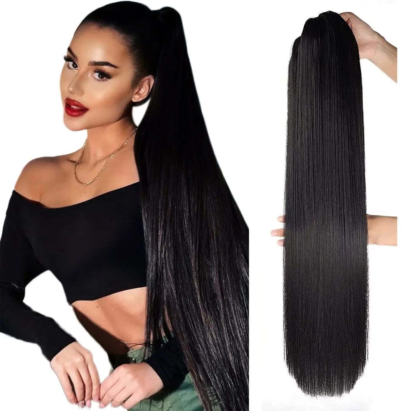 

Straight Synthetic Drawstring Ponytail Extension Hair Clip-On Hair Curly False Pigtail Wrap Around Horse Tail Women Hairpieces