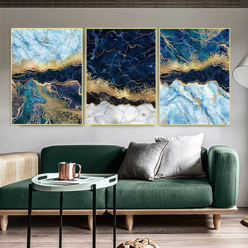 Домашний декор интерьера картины голубое золото абстрактные на холсте цельный