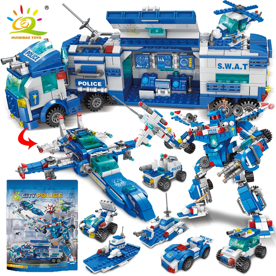 

HUIQIBAO 700PCS 8in1 City Police Command Trucks Building Blocks Policeman Robot Car Helicopter Model Bricks Toys for Children