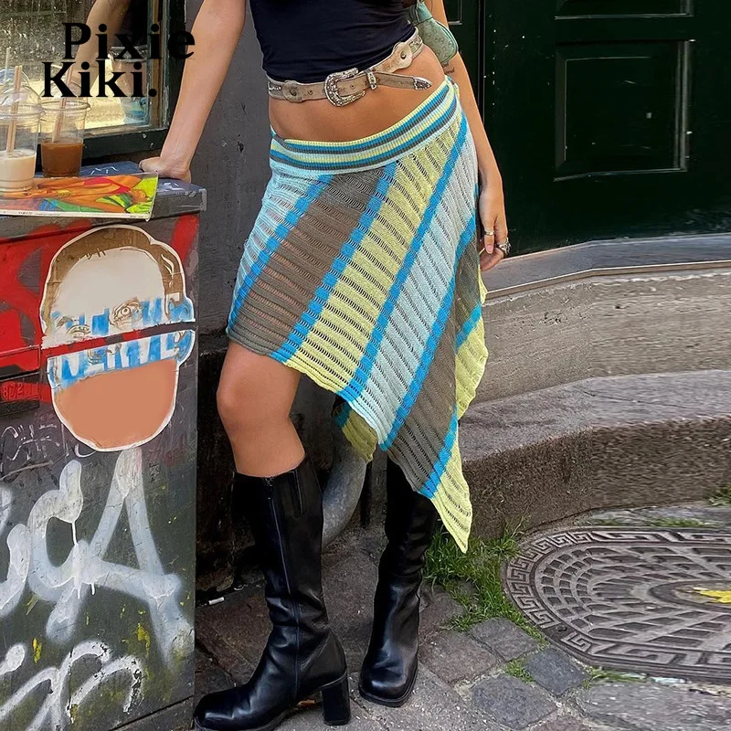 

PixieKiki Y2k Girls Striped Knitted Skirt Low Waisted Irregular Hem Midi Skirts for Women Autumn 2022 Vintage Clothes P84-CI25