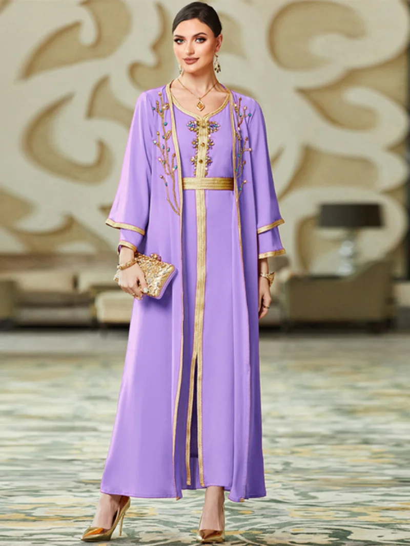 Eid-al-Adha Party Evening Abaya Dress Set for Women Gorgeous Rhinestone Golden Tape Trim Moroccan Caftan Arab Dubai 2 Pieces Set