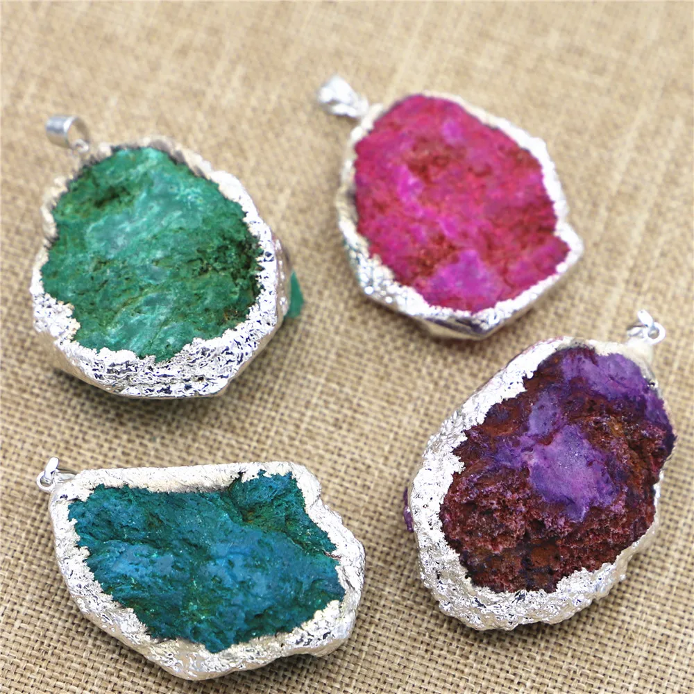 

New Original Natural Stone Druzy Irregular Green Drop Agate Silver Pendant Charm DIY Necklace Jewelry Make 4Pieces With Free Shi