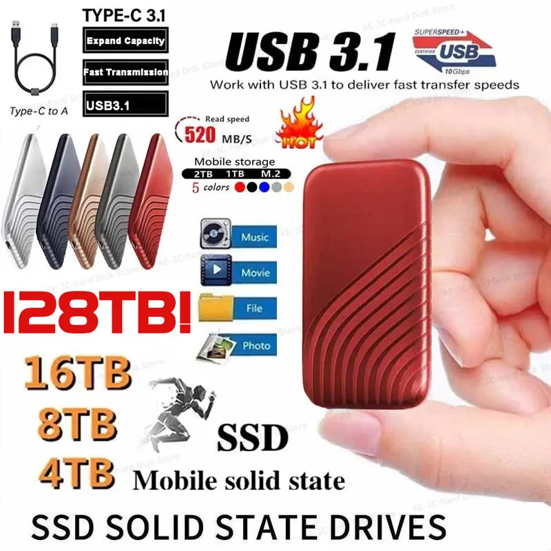 

High Speed M.2 SSD 2.5 128TB External HDD Mobile Hard DriveUSB3.1 64TB 32TB 12TB 2TB SSD Storage HD Hard Disk For Laptop