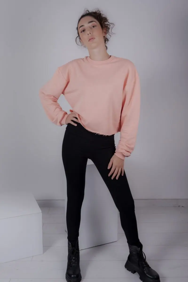 

Women Sweatshirt Salmon Color Crop Cut Detailed Knitted High Quality Spring Winter Long Sleeve Casual Outfit