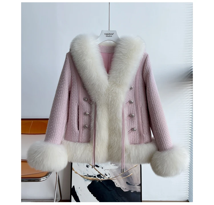 2022 Winter Jacket Women Natural Fox Fur Weave Knit Buttons Blended Casual V-neck Thick Warm Tweed New Real Fur Coat