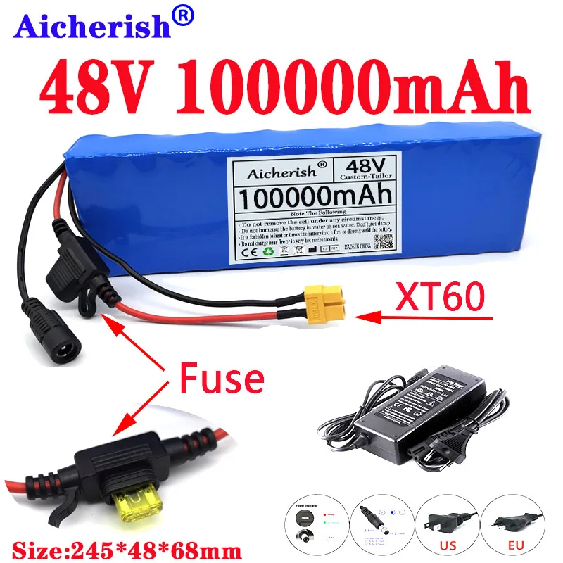 

E-Bike 48V 100Ah 18650 li-Ion Battery Electric Scooter 13s2p Motorcycle 350W 1000W Built-In 20A BMS Lithium Batterij Pack