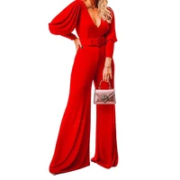 ladies long sleeve jumpsuit fashion casual ladies v neck high waist sexy rompers solid color slim loose straight pants spring xl
