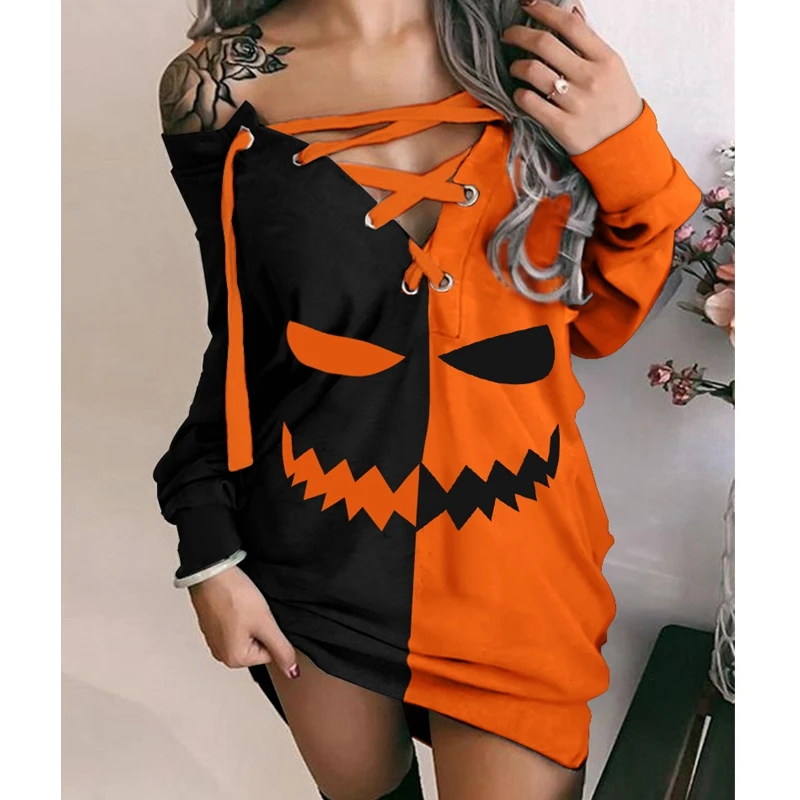 

Women's Dress Autumn Halloween Print Loose Mini Dress Women's Bandage Off-Shoulder V-neck Slash Neck Backless Long Sleeves Dress