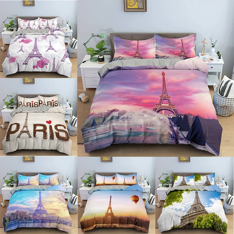 Funda de edredón de la torre de París, juego de cama decorativo de 2/3 piezas