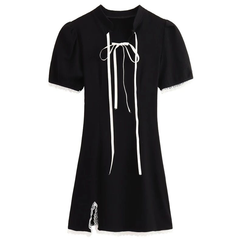 

Sexy Puff Short Sleeve Dress Women Slim Belt Design Lace Stand Collar Summer Mini Sweet Korean Style Vestidos Mujer