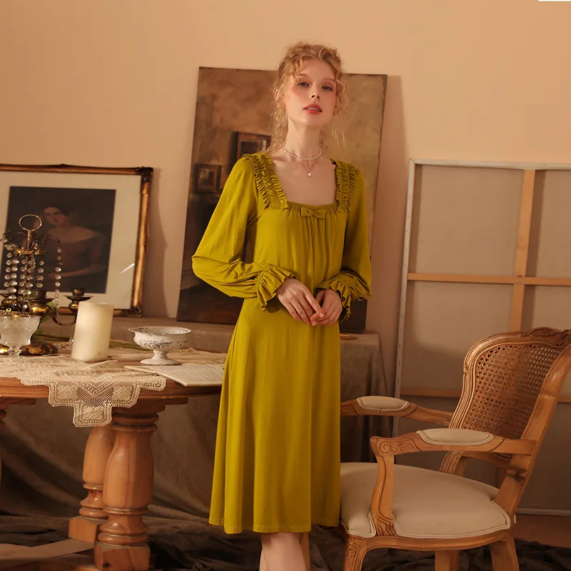 Women's Retro Square Neck Cute Bow Soft Comfortable Modal Nightgowns Sleepshirts Sleepwear
