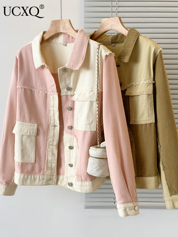 

UCXQ High Street Patchwork Color Contrast Fashion Denim Coat Long Sleeve Single Breasted Lapel Jackets 2023 Autumn Winter 3A6259