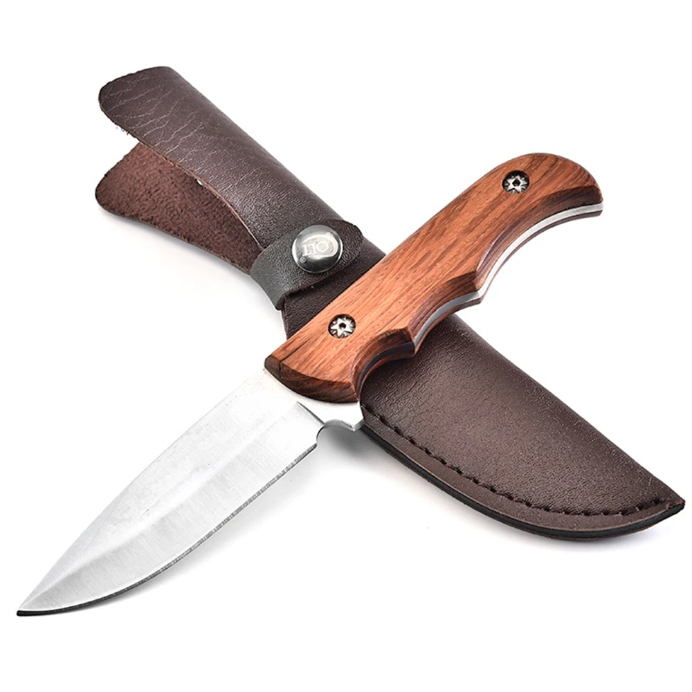 

Mengoing 440C Прямые ножи из нержавеющей стали для кемпинга рукоятка из розового дерева нож для выживания на природе с кожаным футляром