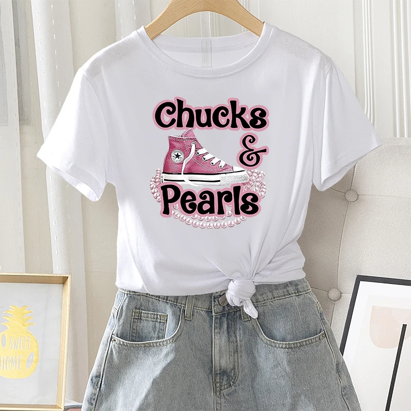 Summer Women T-shirts Graphic Fashion Female Regular Short Sleeve Sneaker Pearl Letter Print Ladies 100% Cotton O-Neck Tees Tops |