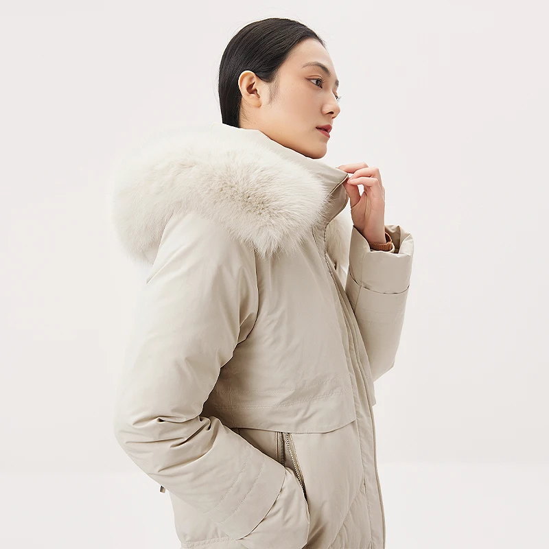 Design Long  White Duck Down 90%  Abrigo Mujer  Women Jacket  Unisex  Winter  Zipper  Slim Fox for Collar and Hat Detachable