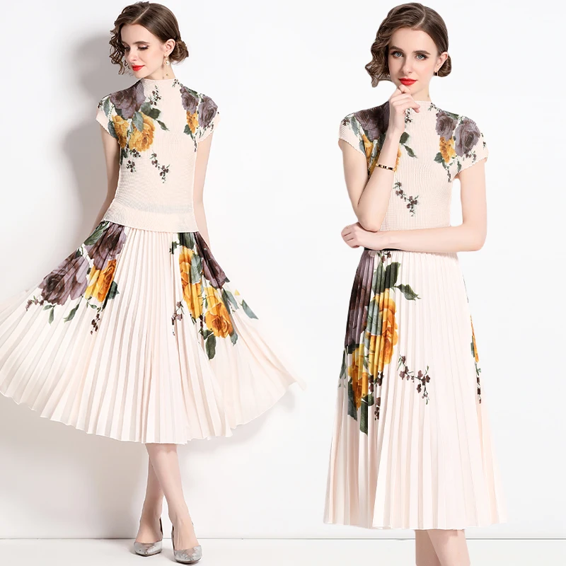 

Новинка 2023, свободное темпераментное праздничное модное платье, костюм для пожилых людей в нишевой период, плиссированная рубашка, свободная тонкая плиссированная юбка