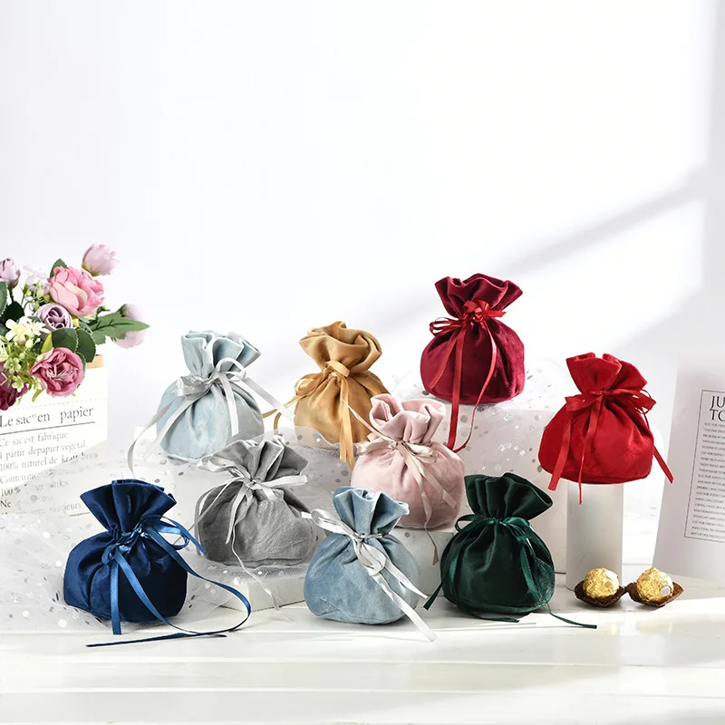 

10Pcs/lot Wedding Candy Bag Drawstring Bag Round Velvet Bag with Pearl Wedding Candy Box Accompanying Gift Packaging Bag